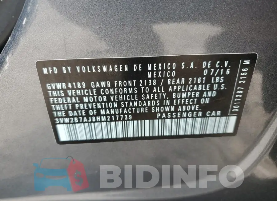 3VW2B7AJ8HM217739 Photo# 13