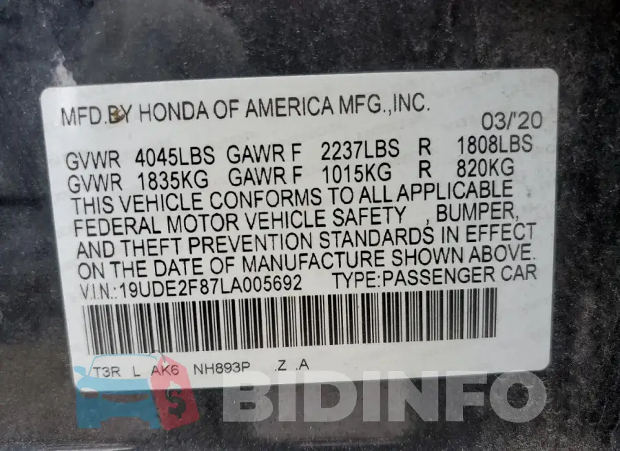 19UDE2F87LA005692 Photo# 12
