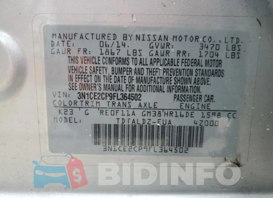 3N1CE2CP9FL364502 Photo# 13