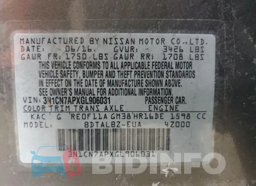 3N1CN7APXGL906031 Photo# 13