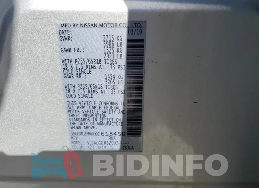 5N1DR2MNXKC618450 Photo# 13