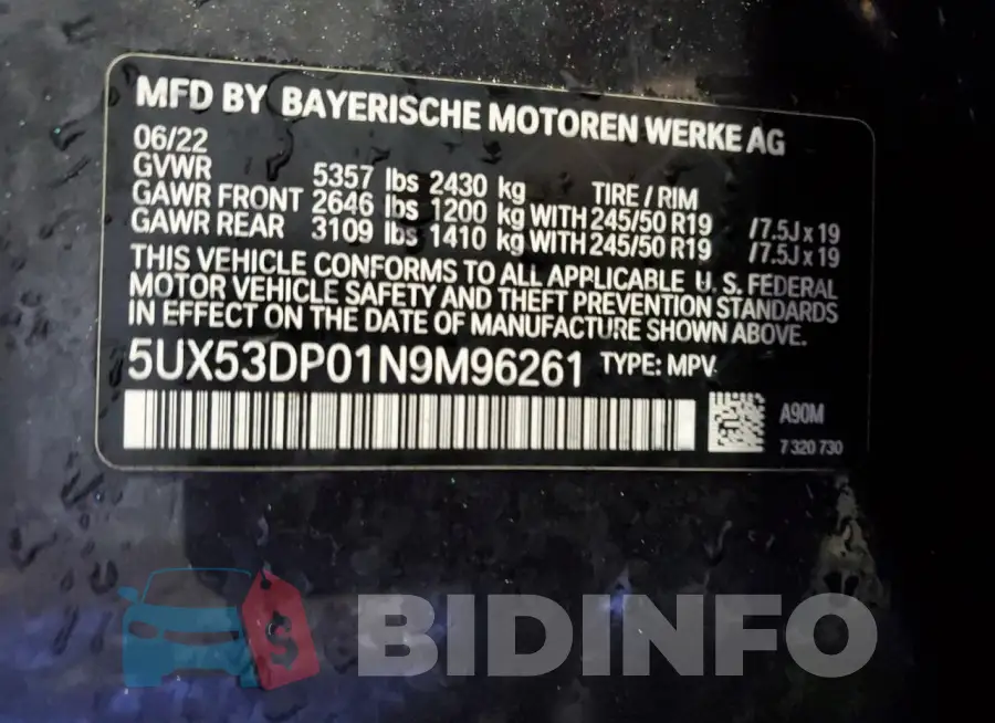 5UX53DP01N9M96261 Photo# 13