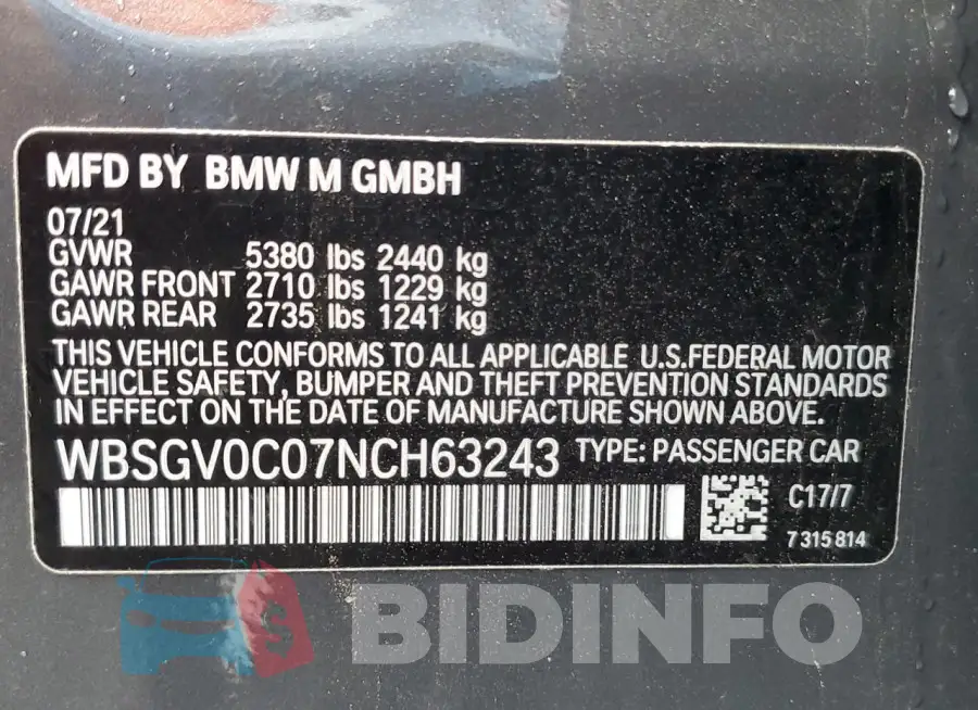 WBSGV0C07NCH63243 Photo# 12