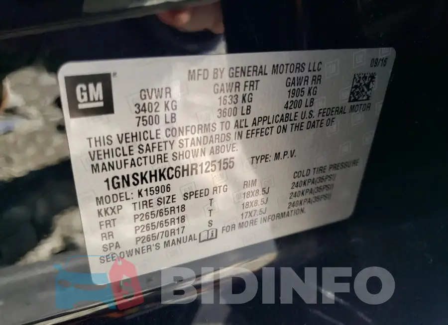 1GNSKHKC6HR125155 Photo# 13