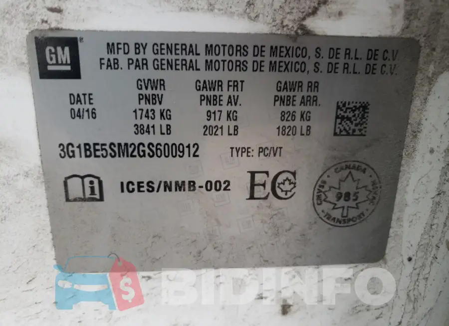 3G1BE5SM2GS600912 Photo# 12