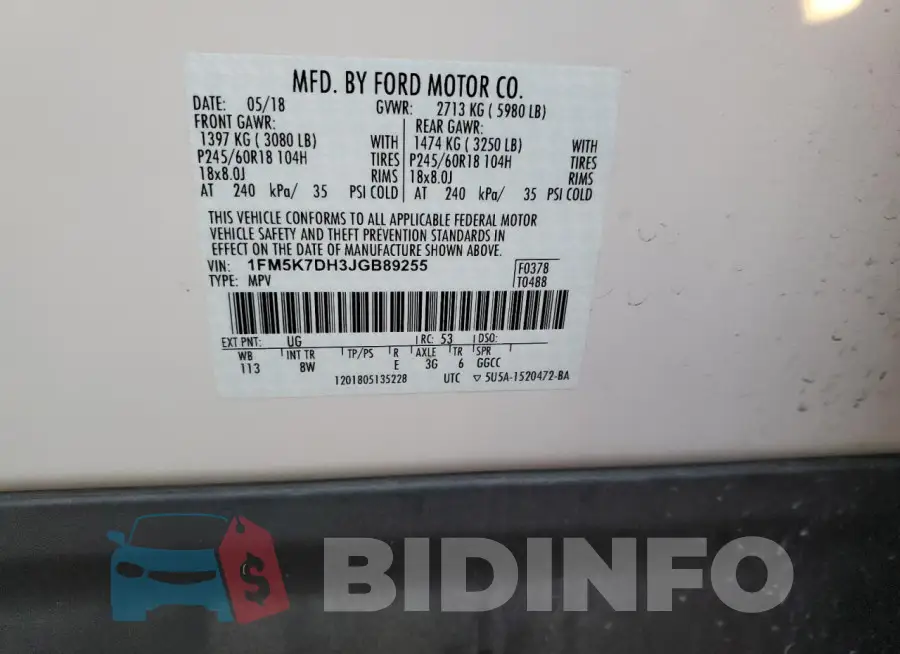 1FM5K7DH3JGB89255 Photo# 12