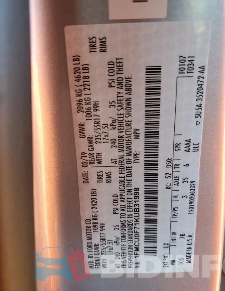 1FMCU0F71KUB31998 Photo# 12