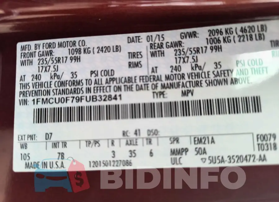 1FMCU0F79FUB32841 Photo# 10
