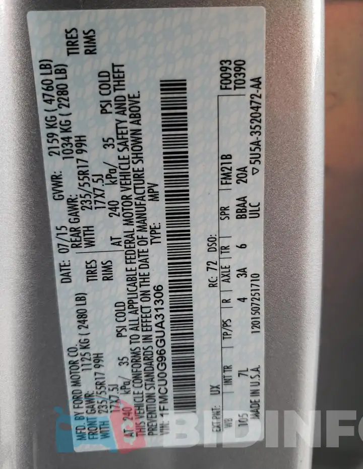 1FMCU0G96GUA31306 Photo# 14