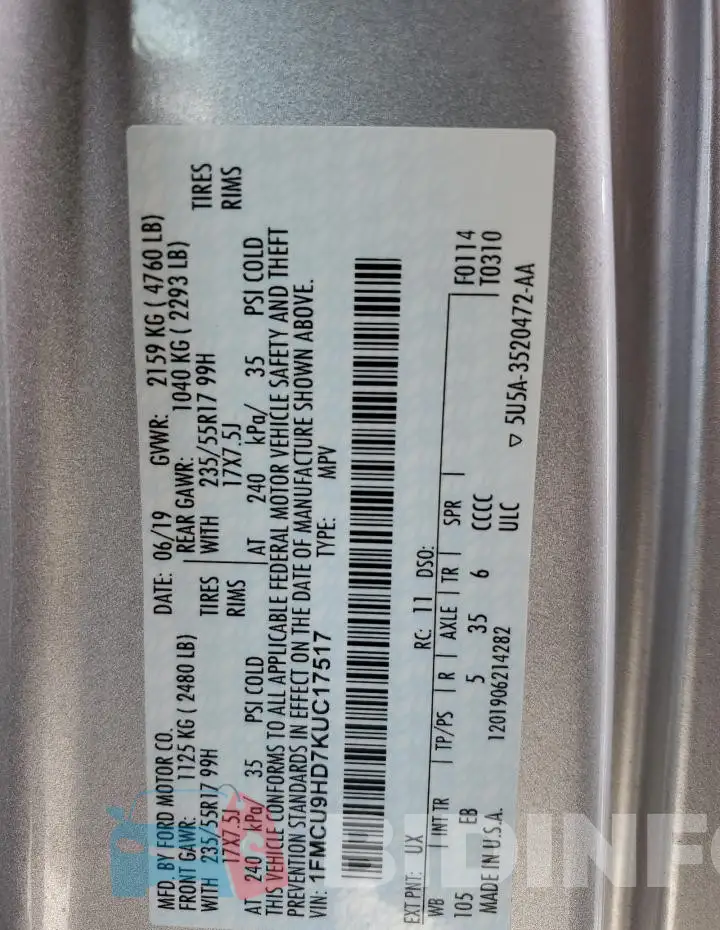 1FMCU9HD7KUC17517 Photo# 14