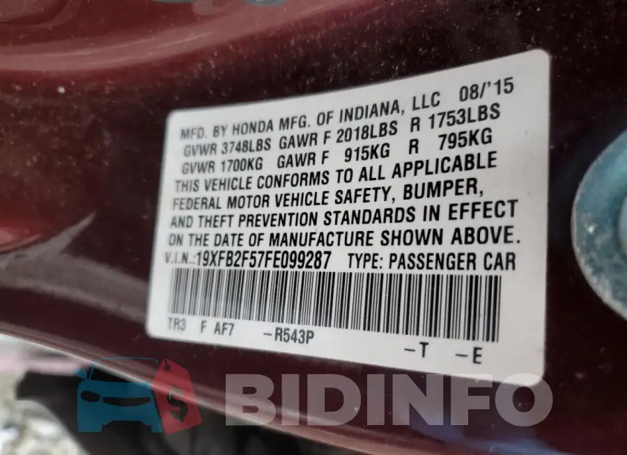 19XFB2F57FE099287 Photo# 12