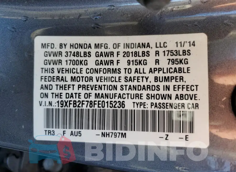 19XFB2F78FE015236 Photo# 12
