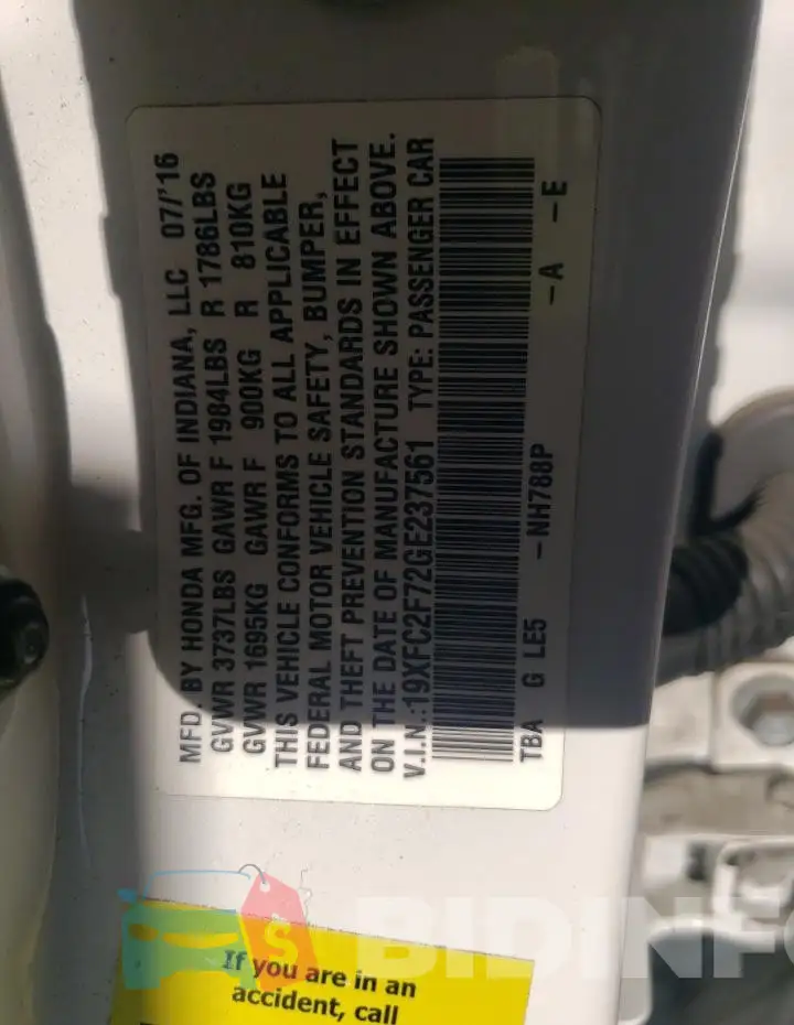 19XFC2F72GE237561 Photo# 12