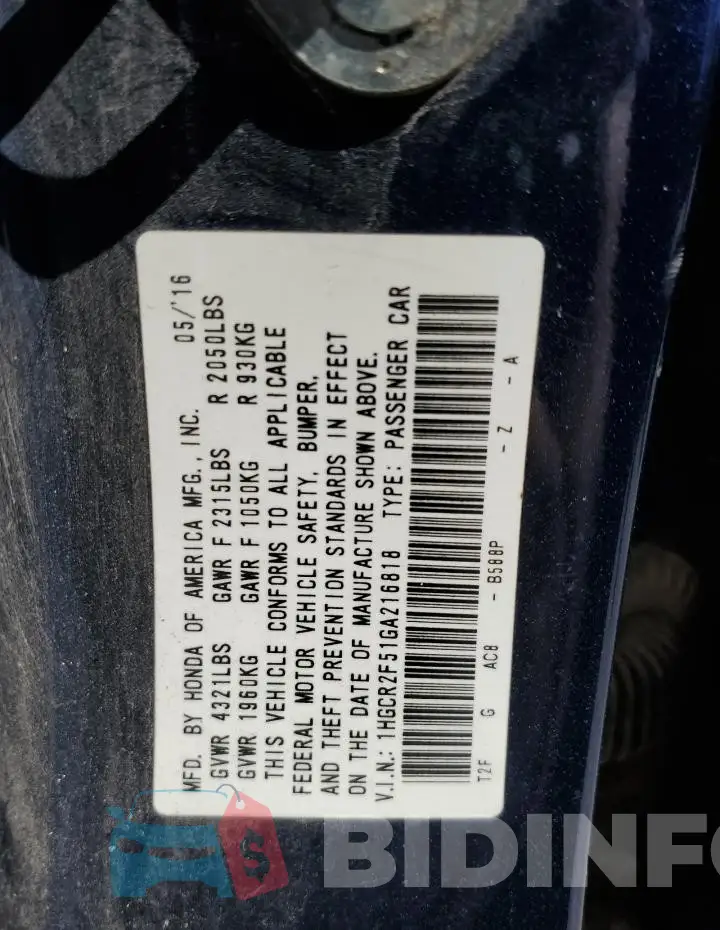1HGCR2F51GA216818 Photo# 13