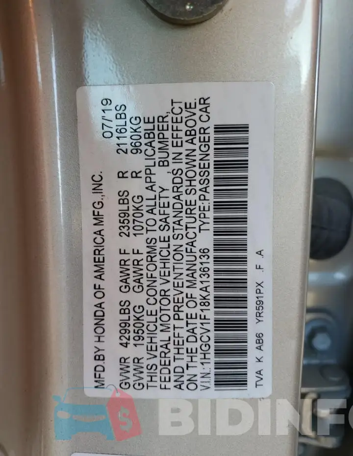 1HGCV1F18KA136136 Photo# 12
