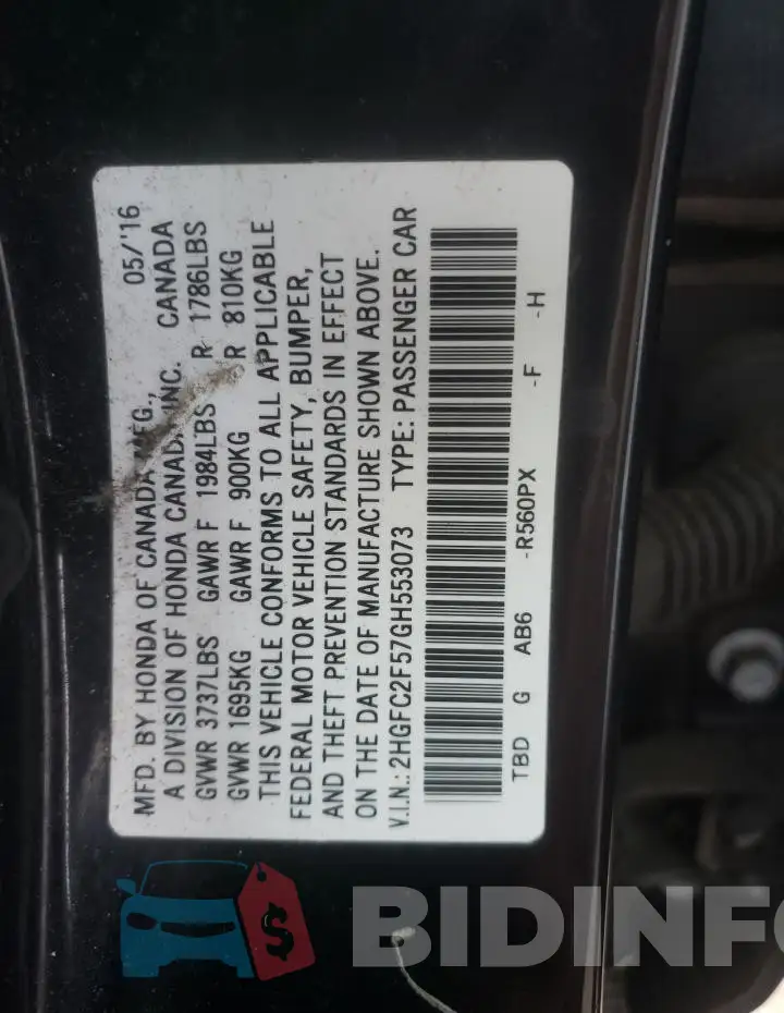 2HGFC2F57GH553073 Photo# 13