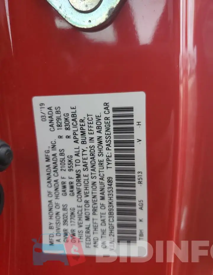 2HGFC3B93KH353489 Photo# 12