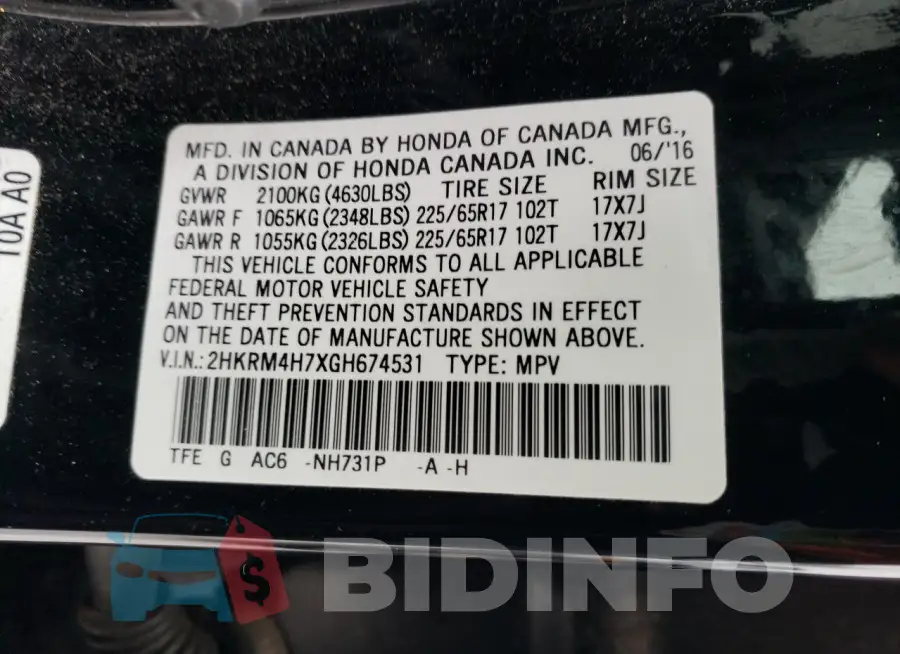2HKRM4H7XGH674531 Photo# 13