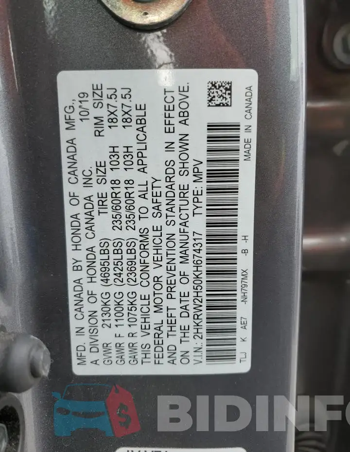 2HKRW2H50KH674317 Photo# 13