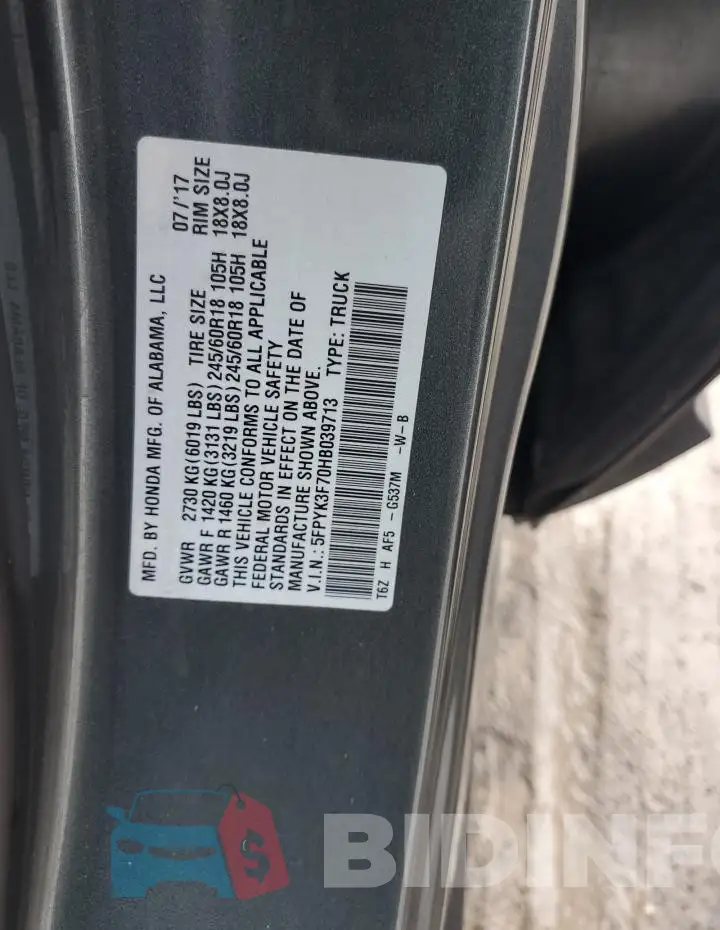 5FPYK3F70HB039713 Photo# 12