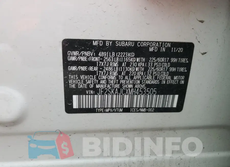 JF2SKAJCXMH453505 Photo# 13