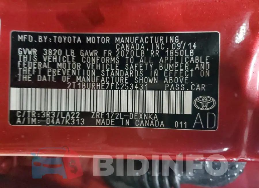 2T1BURHE7FC253431 Photo# 13
