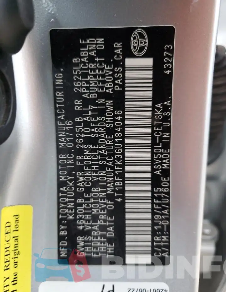 4T1BF1FK3GU184046 Photo# 12