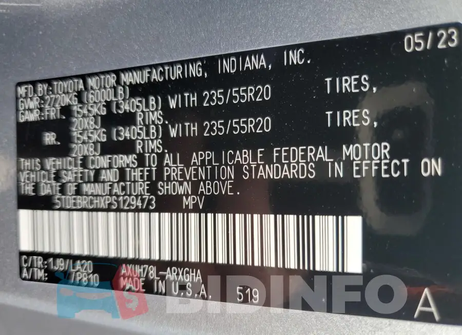 5TDEBRCHXPS129473 Photo# 12