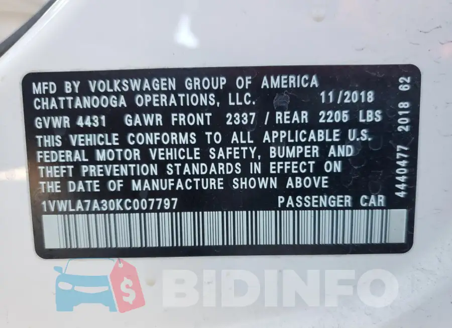 1VWLA7A30KC007797 Photo# 12