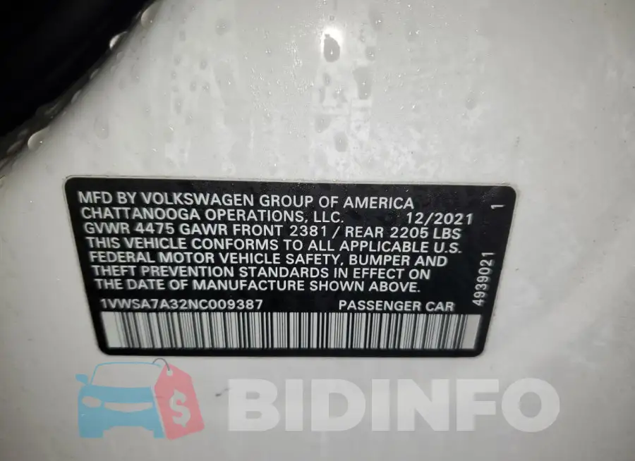 1VWSA7A32NC009387 Photo# 12