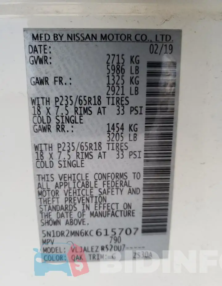 5N1DR2MN6KC615707 Photo# 13