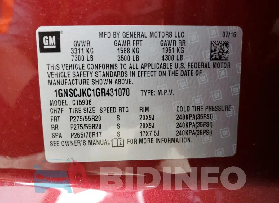 1GNSCJKC1GR431070 Photo# 13