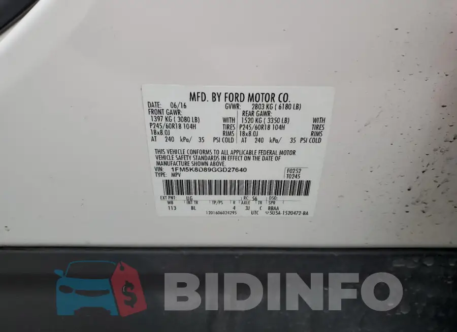 1FM5K8D89GGD27640 Photo# 14