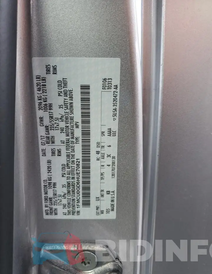 1FMCU0GD6HUE70821 Photo# 14