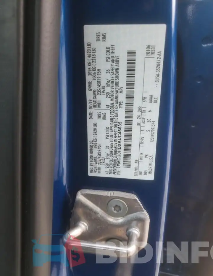1FMCU0HDXKUC46635 Photo# 12