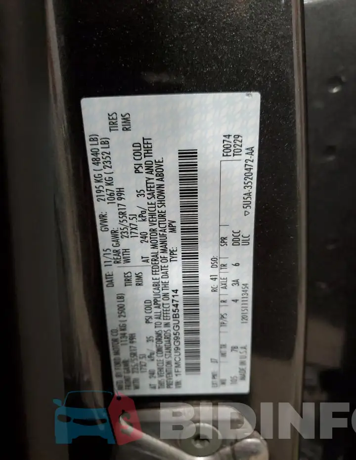 1FMCU9G95GUB54714 Photo# 12