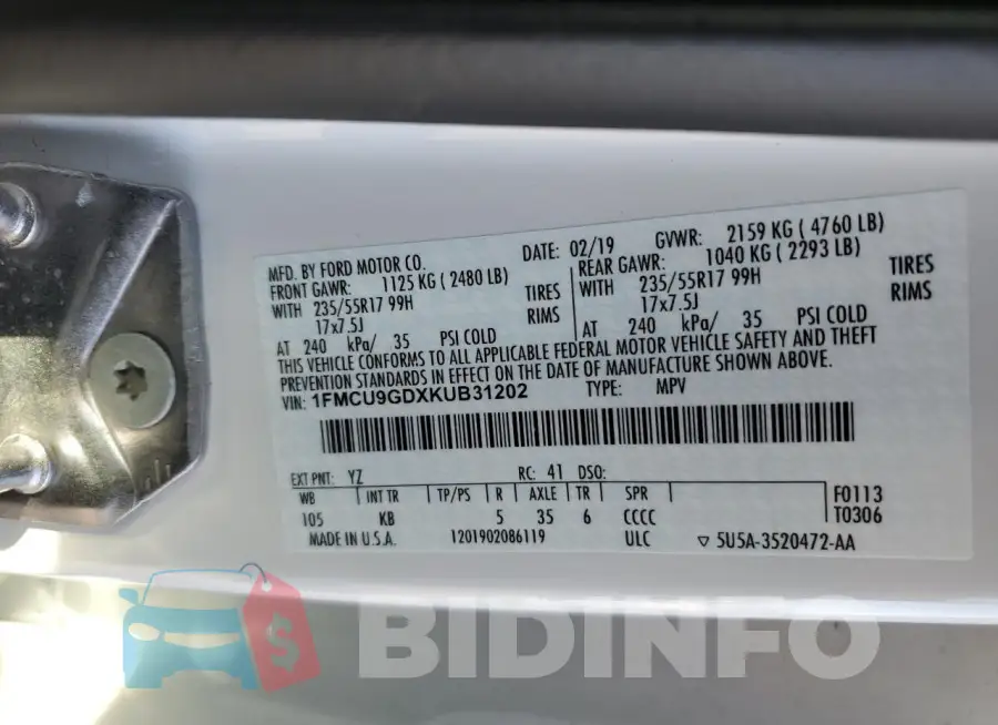 1FMCU9GDXKUB31202 Photo# 12