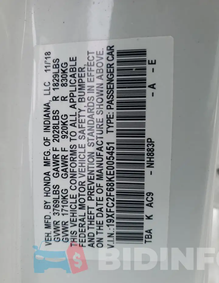 19XFC2F68KE005451 Photo# 12