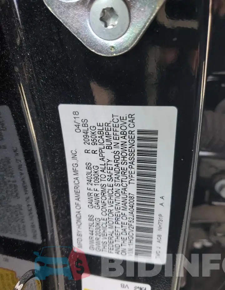 1HGCV2F52JA040087 Photo# 12