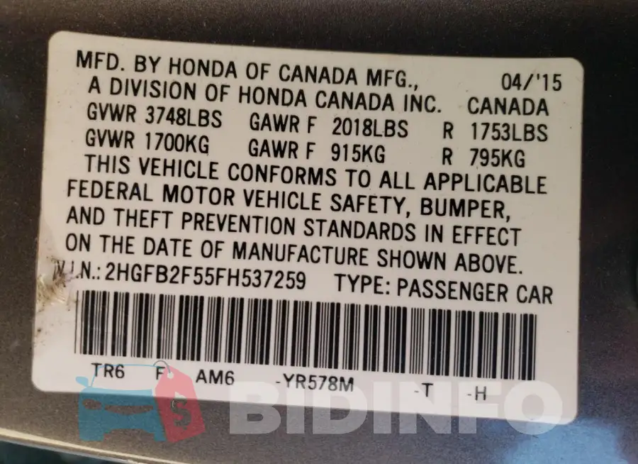 2HGFB2F55FH537259 Photo# 12