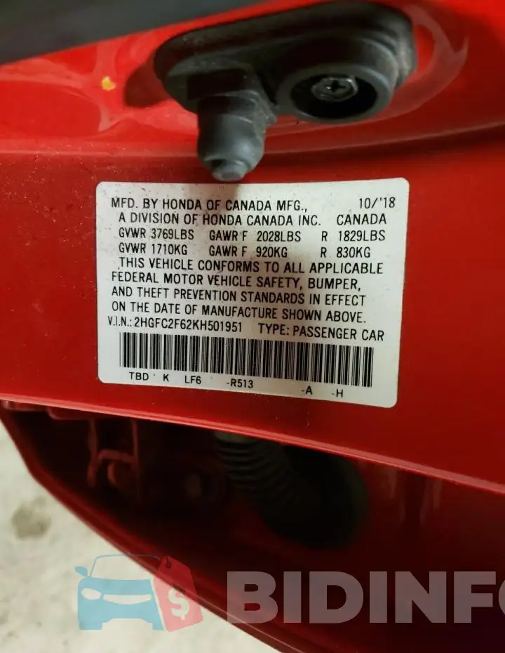 2HGFC2F62KH501951 Photo# 12