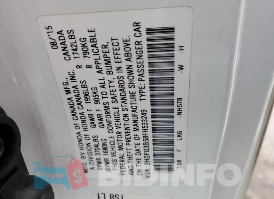 2HGFG3B58FH533249 Photo# 13