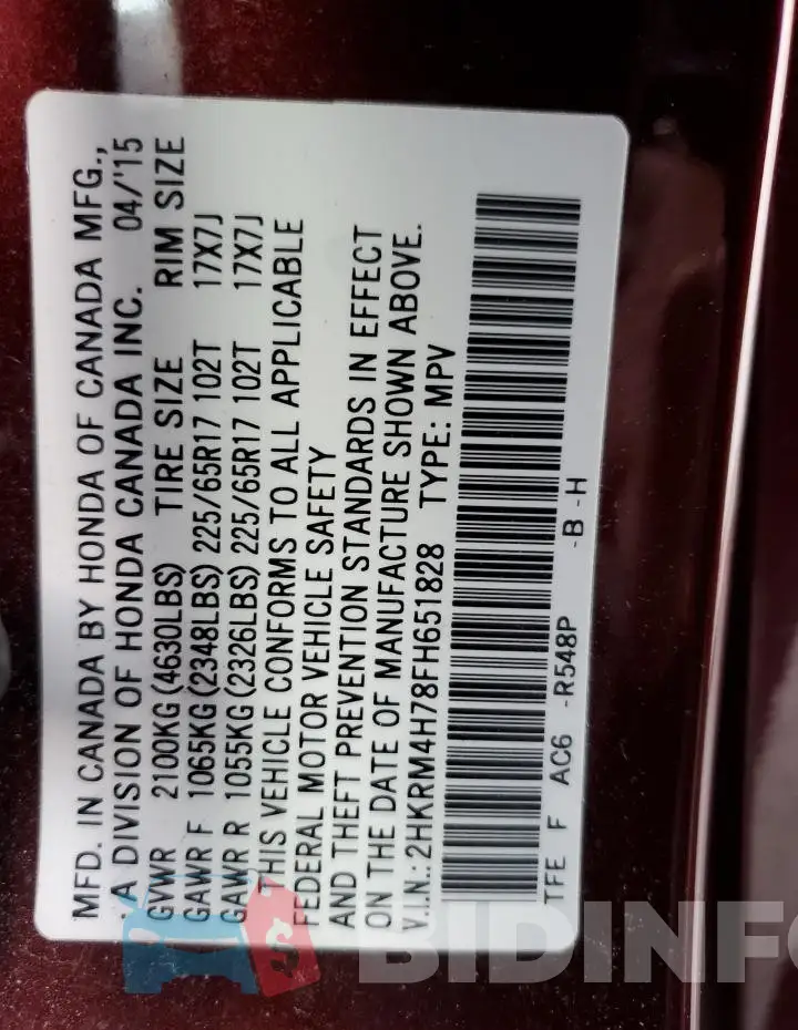 2HKRM4H78FH651828 Photo# 13