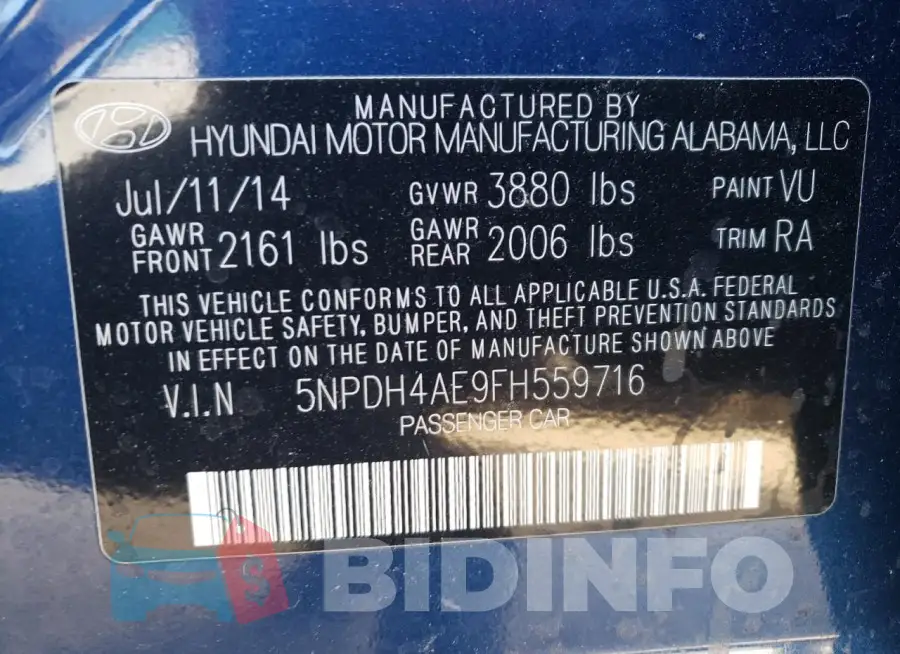 5NPDH4AE9FH559716 Photo# 13