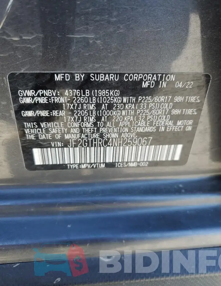 JF2GTHRC4NH259067 Photo# 12