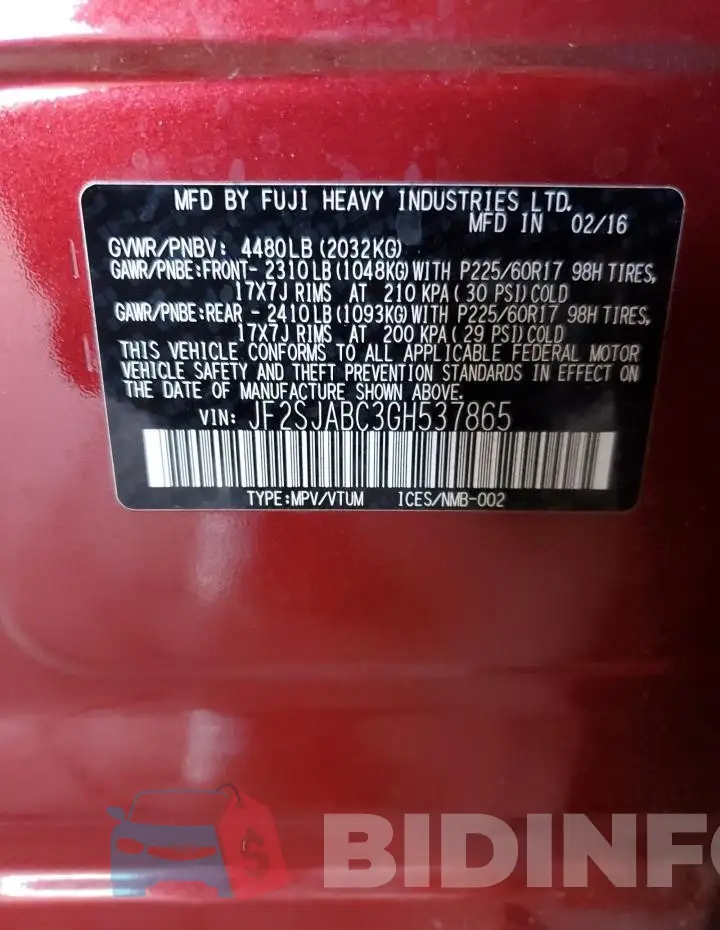 JF2SJABC3GH537865 Photo# 12