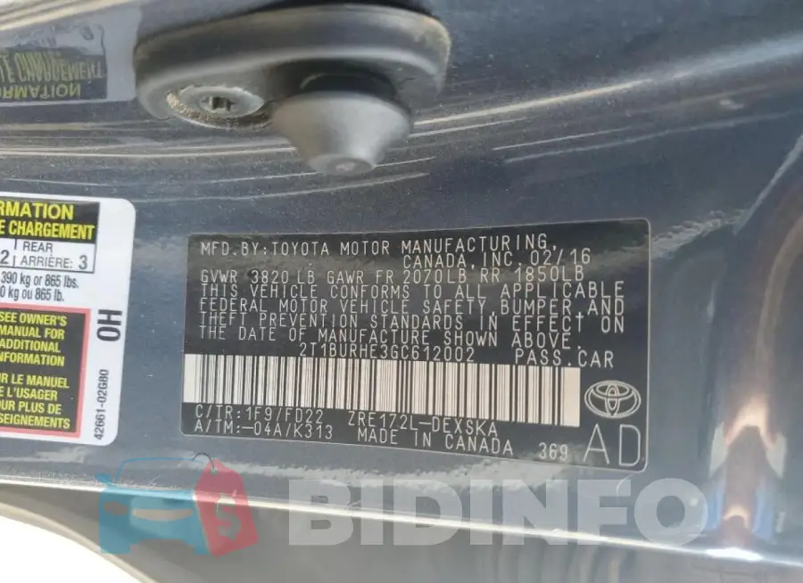 2T1BURHE3GC612002 Photo# 13