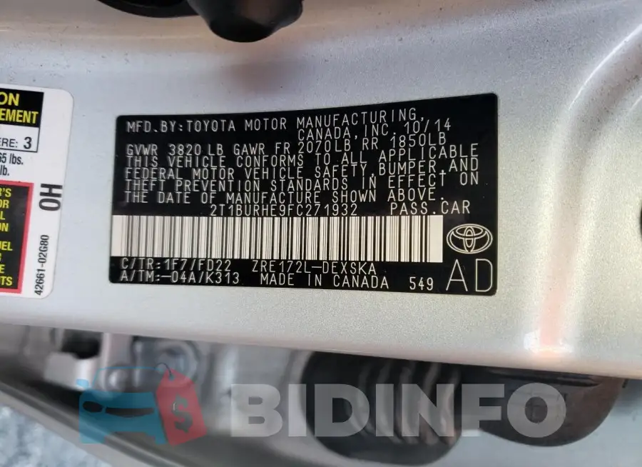 2T1BURHE9FC271932 Photo# 12