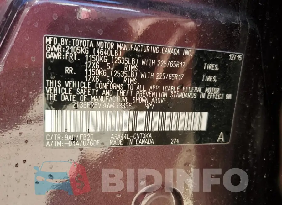 2T3BFREV3GW433396 Photo# 12
