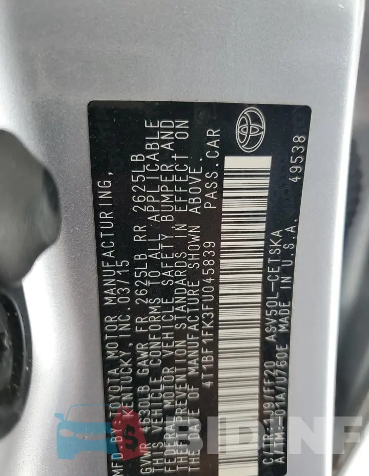 4T1BF1FK3FU045839 Photo# 12